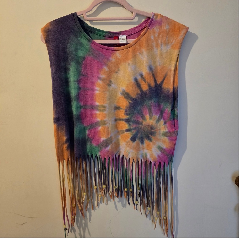 H&M Divided Womens Tie Dye Fringe Beaded Boho Hippie Sleeveless Crop Top Size 8